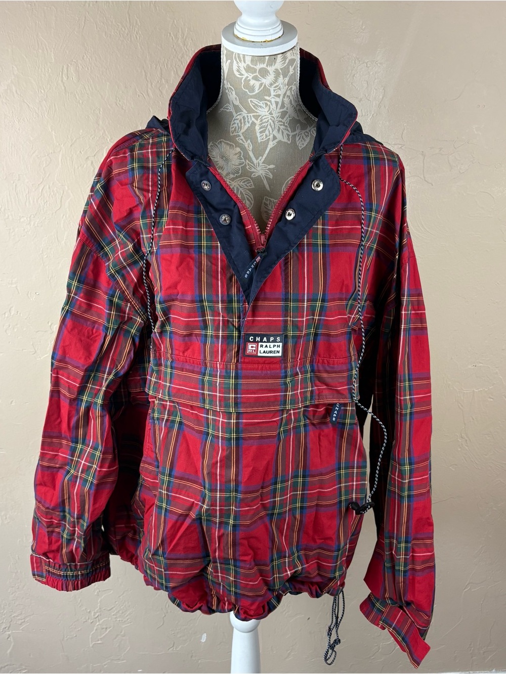 Vintage Chaps Ralph Lauren Red Plaid Hooded Windbreaker Half Zip Pullover XL